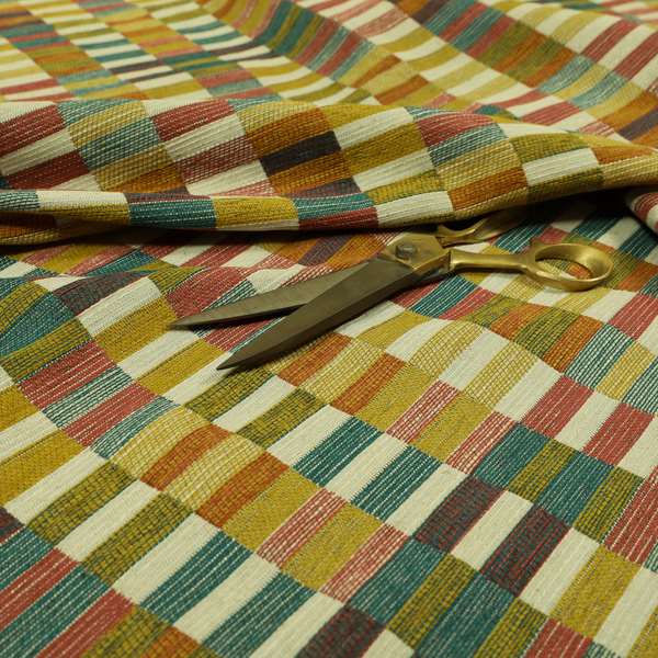 Multicoloured Brick Block Geometric Pattern Chenille Furnishing Upholstery Fabric JO-1163 - Made To Measure Curtains