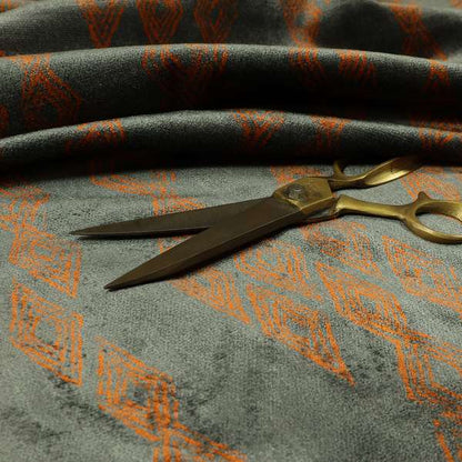 Tribal Symbol Pattern Velvet Grey With Orange Colour Upholstery Fabric JO-1165 - Made To Measure Curtains