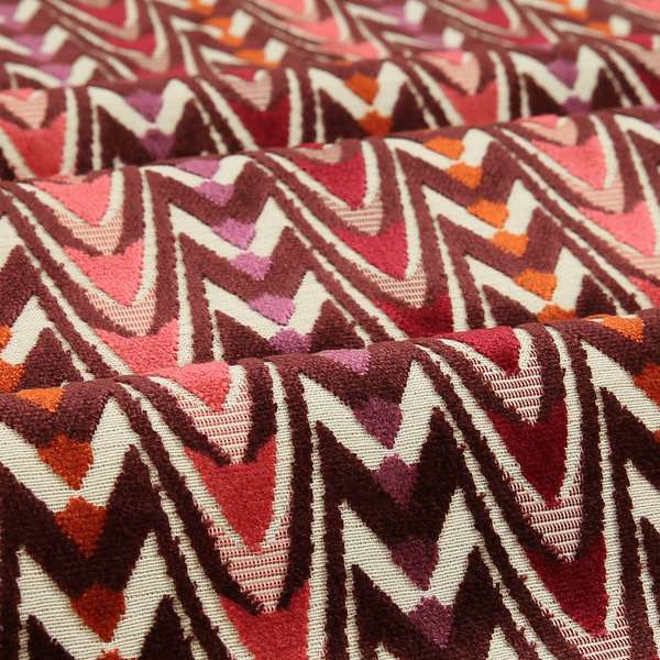 Ziani Designer Curved Pattern In Vibrant Purple Red Pink Orange Colour Velvet Upholstery Fabric JO-117