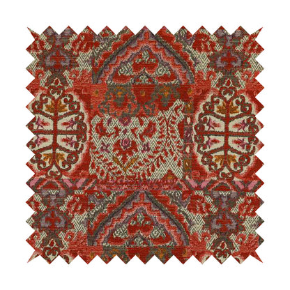 Red Cream Colour Medallion Patchwork Style Pattern Soft Chenille Upholstery Fabric JO-1173 - Roman Blinds