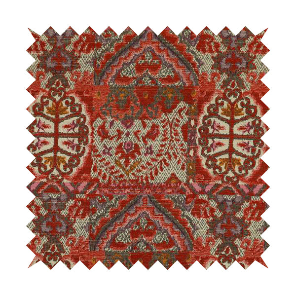 Red Cream Colour Medallion Patchwork Style Pattern Soft Chenille Upholstery Fabric JO-1173