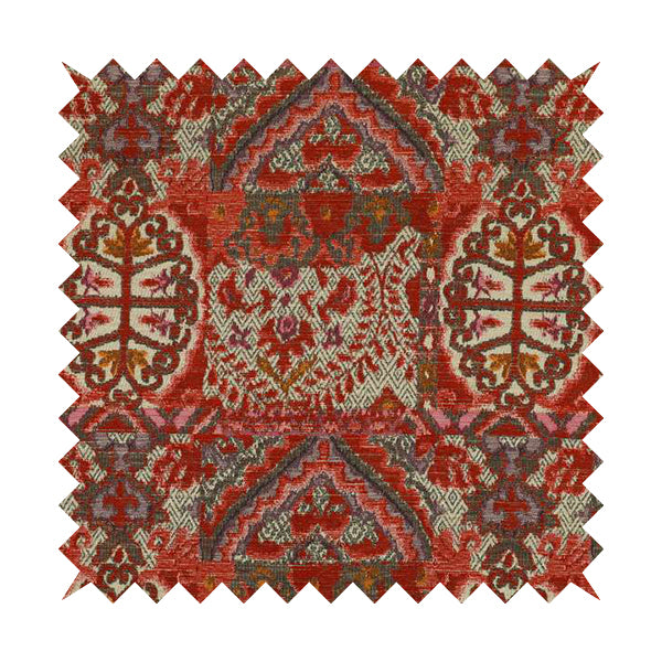 Red Cream Colour Medallion Patchwork Style Pattern Soft Chenille Upholstery Fabric JO-1173 - Handmade Cushions