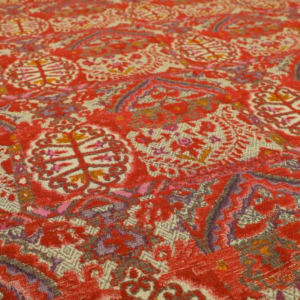 Red Cream Colour Medallion Patchwork Style Pattern Soft Chenille Upholstery Fabric JO-1173