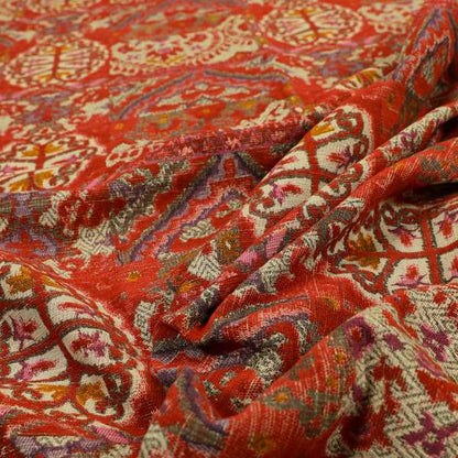 Red Cream Colour Medallion Patchwork Style Pattern Soft Chenille Upholstery Fabric JO-1173 - Made To Measure Curtains