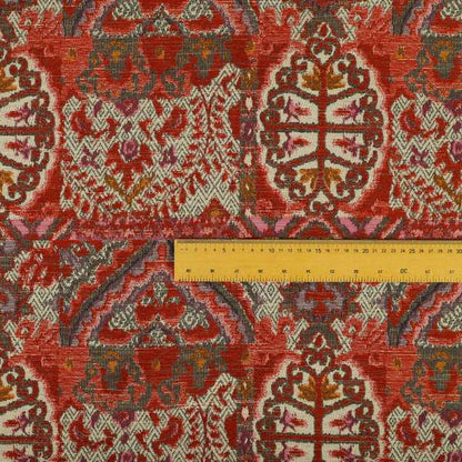 Red Cream Colour Medallion Patchwork Style Pattern Soft Chenille Upholstery Fabric JO-1173 - Roman Blinds