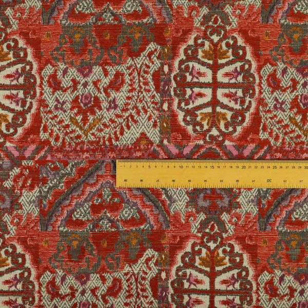 Red Cream Colour Medallion Patchwork Style Pattern Soft Chenille Upholstery Fabric JO-1173 - Made To Measure Curtains