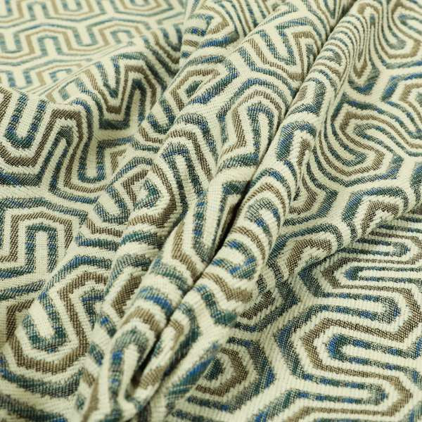 Cream Blue Colour Maze Pattern Soft Chenille Upholstery Fabric JO-1174 - Made To Measure Curtains