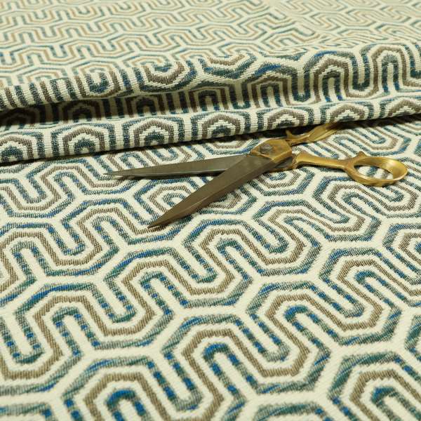 Cream Blue Colour Maze Pattern Soft Chenille Upholstery Fabric JO-1174 - Made To Measure Curtains