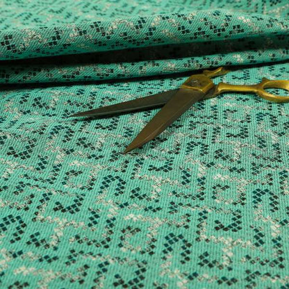 Teal Colour Geometric Pattern Chenille Furnishing Upholstery Fabric JO-1175 - Made To Measure Curtains