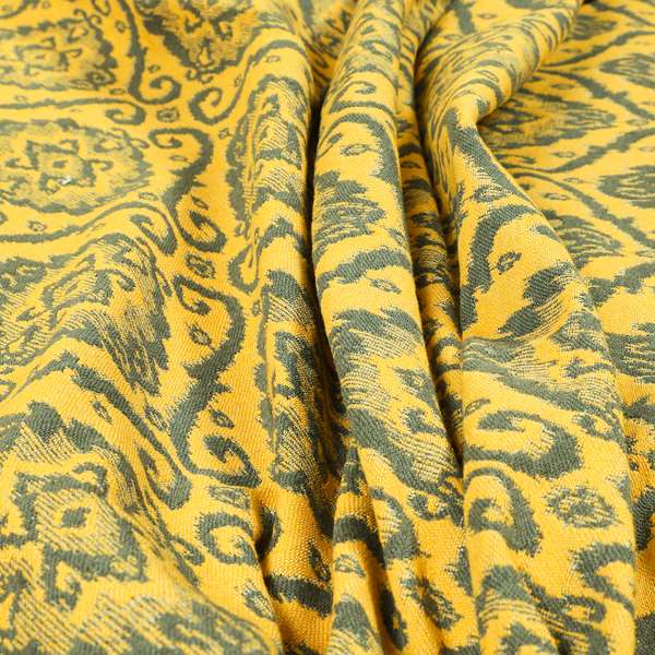 Grey Yellow Damask Medallion Pattern Chenille Upholstery Fabric JO-1176 - Made To Measure Curtains