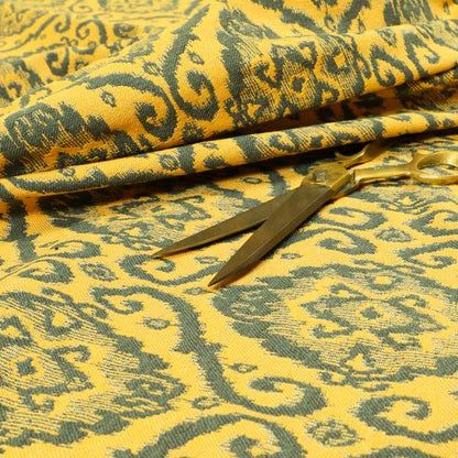 Grey Yellow Damask Medallion Pattern Chenille Upholstery Fabric JO-1176