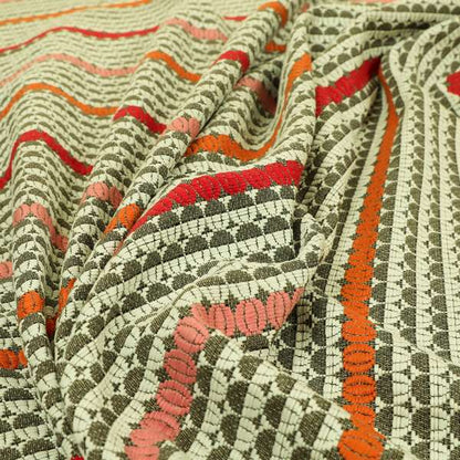 Horizontal Striped Pattern Brown White Orange Pink Red Colour Upholstery Fabric JO-1199 - Made To Measure Curtains