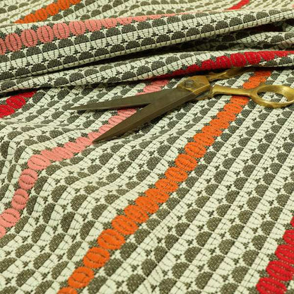 Horizontal Striped Pattern Brown White Orange Pink Red Colour Upholstery Fabric JO-1199 - Made To Measure Curtains