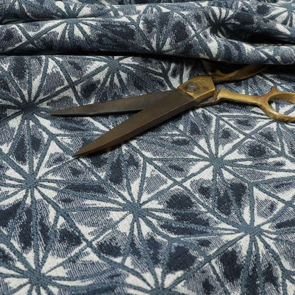 Blue Colour Geometric Star Burst Pattern In Chenille Material Upholstery Fabric JO-1206