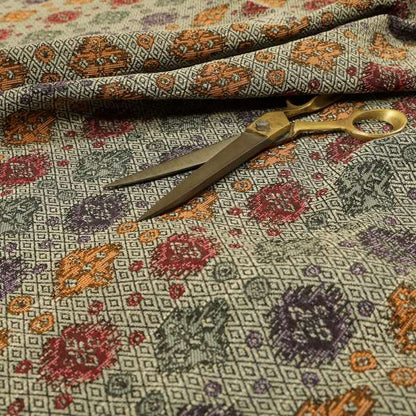 Grey Background With Multicolored Pattern Geometric Chenille Upholstery Fabric JO-1207 - Made To Measure Curtains