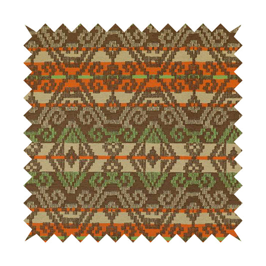 Brown Orange Green Colour Tribal Kilim Pattern Striped Chenille Furnishing Fabric JO-1218
