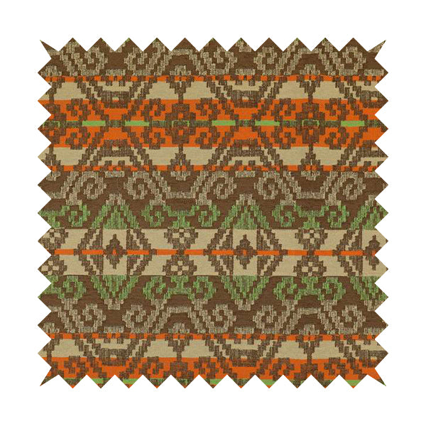 Brown Orange Green Colour Tribal Kilim Pattern Striped Chenille Furnishing Fabric JO-1218 - Made To Measure Curtains