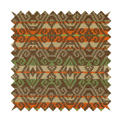 Brown Orange Green Colour Tribal Kilim Pattern Striped Chenille Furnishing Fabric JO-1218 - Made To Measure Curtains