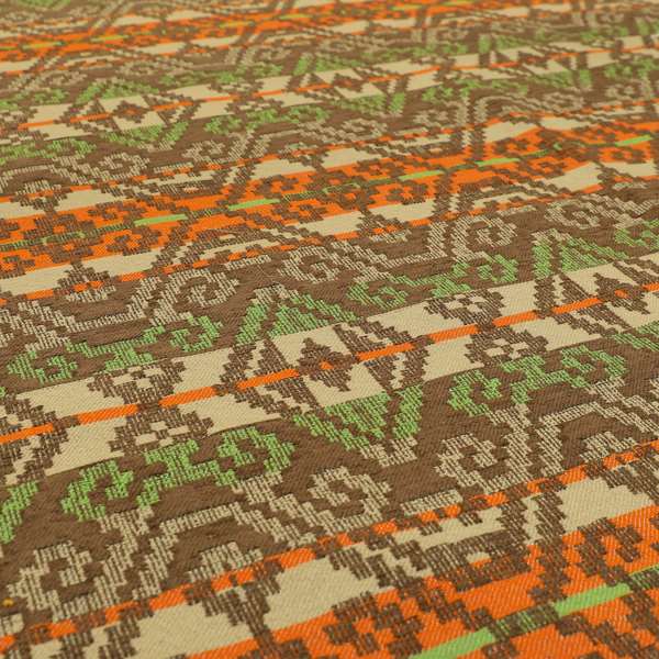 Brown Orange Green Colour Tribal Kilim Pattern Striped Chenille Furnishing Fabric JO-1218 - Made To Measure Curtains