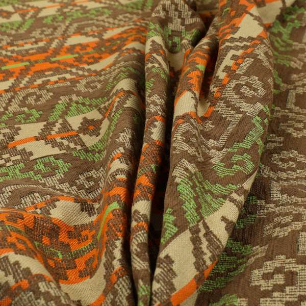 Brown Orange Green Colour Tribal Kilim Pattern Striped Chenille Furnishing Fabric JO-1218 - Made To Measure Curtains