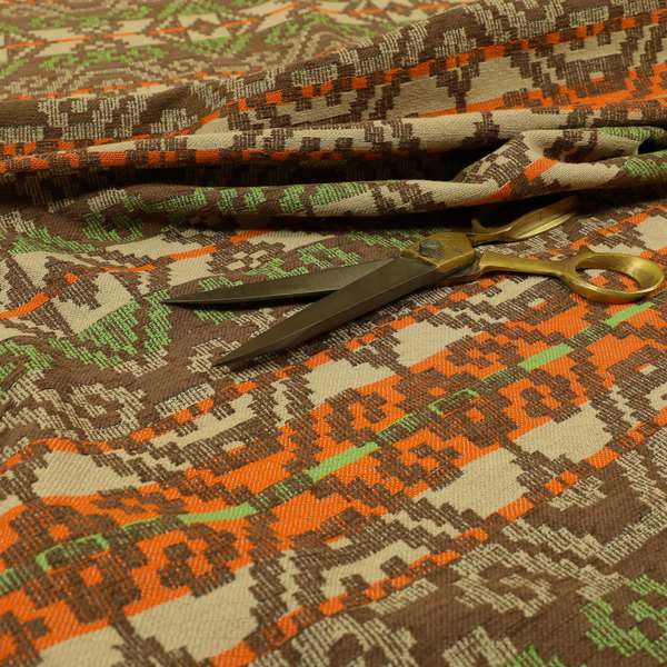 Brown Orange Green Colour Tribal Kilim Pattern Striped Chenille Furnishing Fabric JO-1218 - Made To Measure Curtains