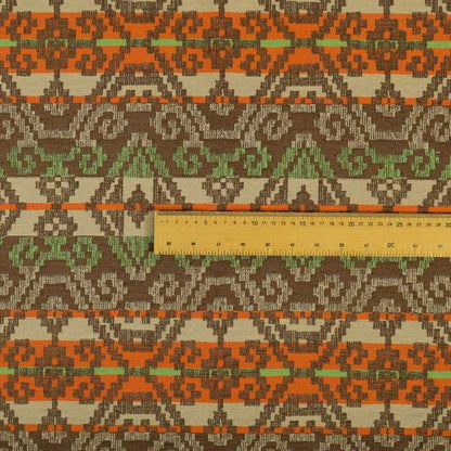 Brown Orange Green Colour Tribal Kilim Pattern Striped Chenille Furnishing Fabric JO-1218 - Made To Measure Curtains