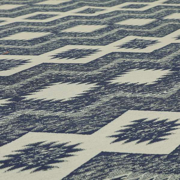 Blue White Silver Colour In Out Kilim Inspired Pattern Chenille Upholstery Fabric JO-1219 - Made To Measure Curtains