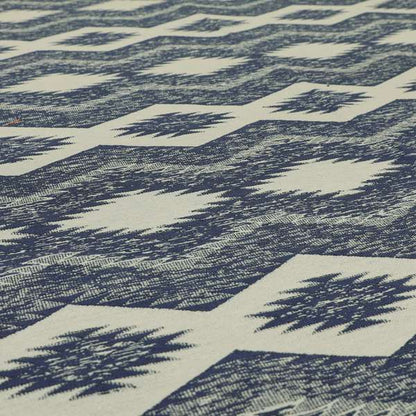 Blue White Silver Colour In Out Kilim Inspired Pattern Chenille Upholstery Fabric JO-1219 - Made To Measure Curtains