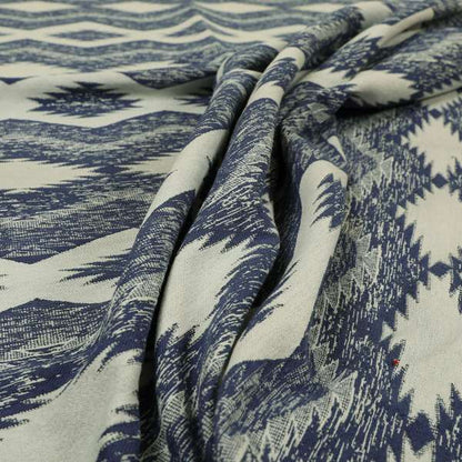 Blue White Silver Colour In Out Kilim Inspired Pattern Chenille Upholstery Fabric JO-1219 - Made To Measure Curtains