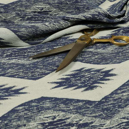 Blue White Silver Colour In Out Kilim Inspired Pattern Chenille Upholstery Fabric JO-1219 - Made To Measure Curtains