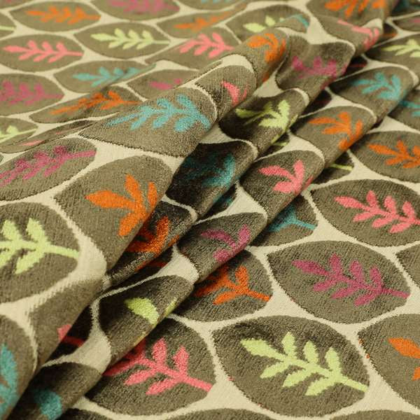 Leaf Inspired Floral Pattern Velvet Material Brown Pink Orange Teal Colour Upholstery Fabric JO-1224