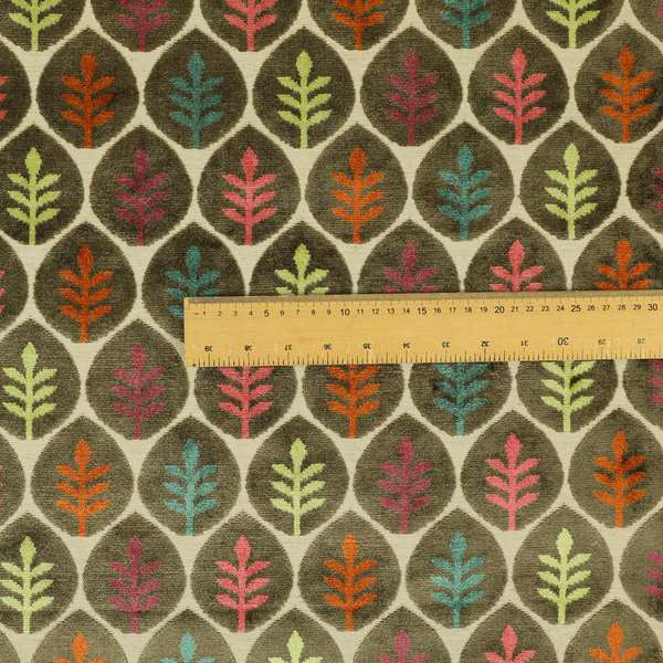 Leaf Inspired Floral Pattern Velvet Material Brown Pink Orange Teal Colour Upholstery Fabric JO-1224