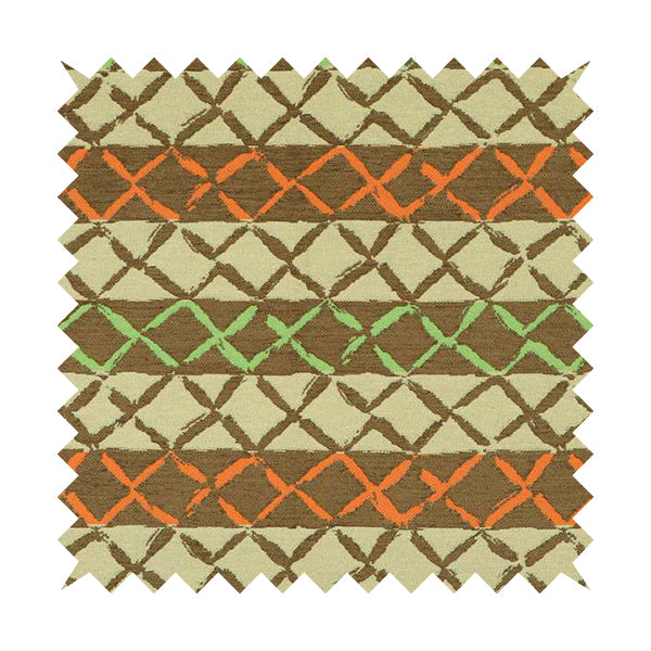 Brown Orange Green Colour Inspired Kilim Pattern Striped Chenille Furnishing Fabric JO-1225 - Made To Measure Curtains