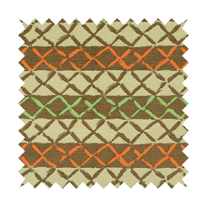 Brown Orange Green Colour Inspired Kilim Pattern Striped Chenille Furnishing Fabric JO-1225 - Made To Measure Curtains