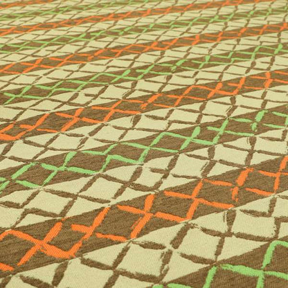 Brown Orange Green Colour Inspired Kilim Pattern Striped Chenille Furnishing Fabric JO-1225 - Made To Measure Curtains