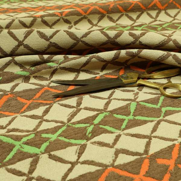 Brown Orange Green Colour Inspired Kilim Pattern Striped Chenille Furnishing Fabric JO-1225 - Made To Measure Curtains