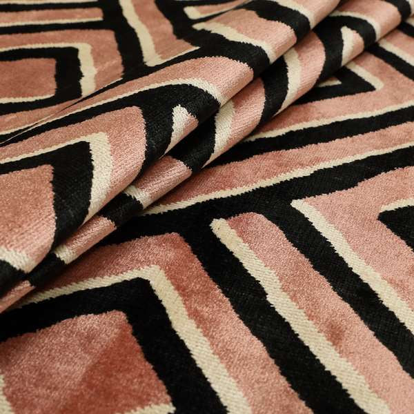 Pink Black Cream Colour Geometric Pattern Soft Velvet Upholstery Fabric JO-1227 - Made To Measure Curtains