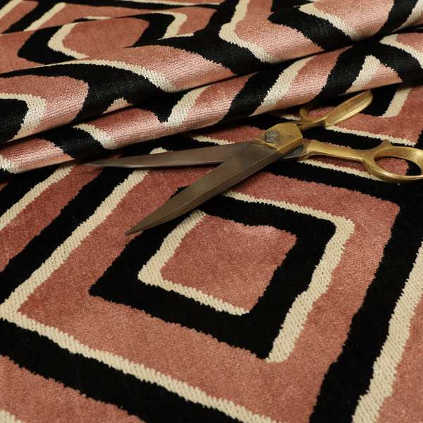 Pink Black Cream Colour Geometric Pattern Soft Velvet Upholstery Fabric JO-1227 - Roman Blinds