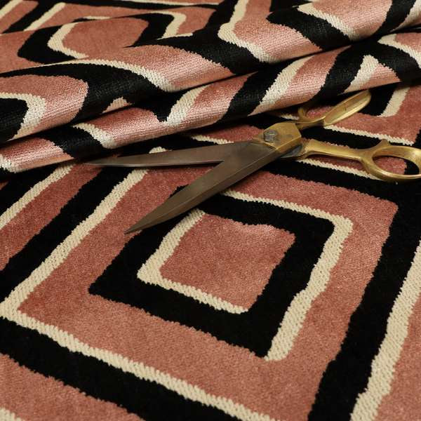 Pink Black Cream Colour Geometric Pattern Soft Velvet Upholstery Fabric JO-1227