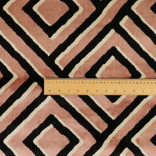 Pink Black Cream Colour Geometric Pattern Soft Velvet Upholstery Fabric JO-1227 - Made To Measure Curtains