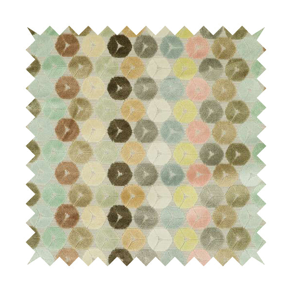 Multicoloured Pink Brown Pastel Effect Geometric Round Pattern Velvet Upholstery Fabric JO-1231 - Roman Blinds