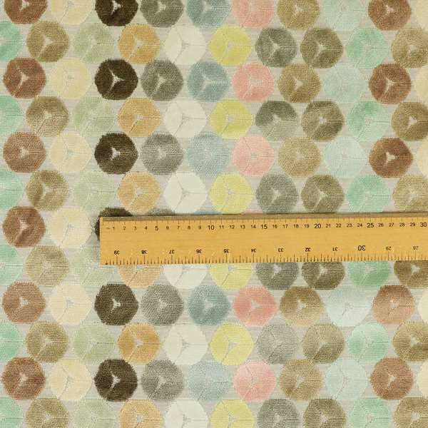 Multicoloured Pink Brown Pastel Effect Geometric Round Pattern Velvet Upholstery Fabric JO-1231 - Roman Blinds