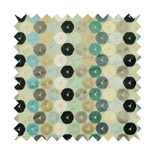 Multicoloured Blue Teal Grey Pastel Effect Geometric Round Pattern Velvet Upholstery Fabric JO-1232 - Roman Blinds