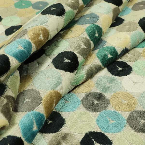 Multicoloured Blue Teal Grey Pastel Effect Geometric Round Pattern Velvet Upholstery Fabric JO-1232 - Roman Blinds