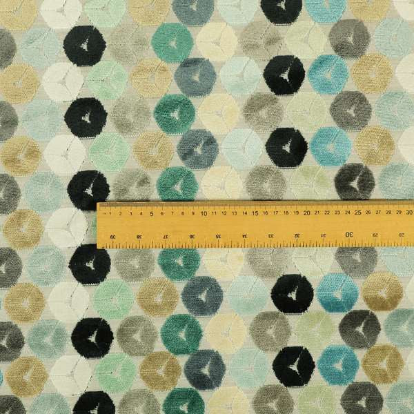 Multicoloured Blue Teal Grey Pastel Effect Geometric Round Pattern Velvet Upholstery Fabric JO-1232