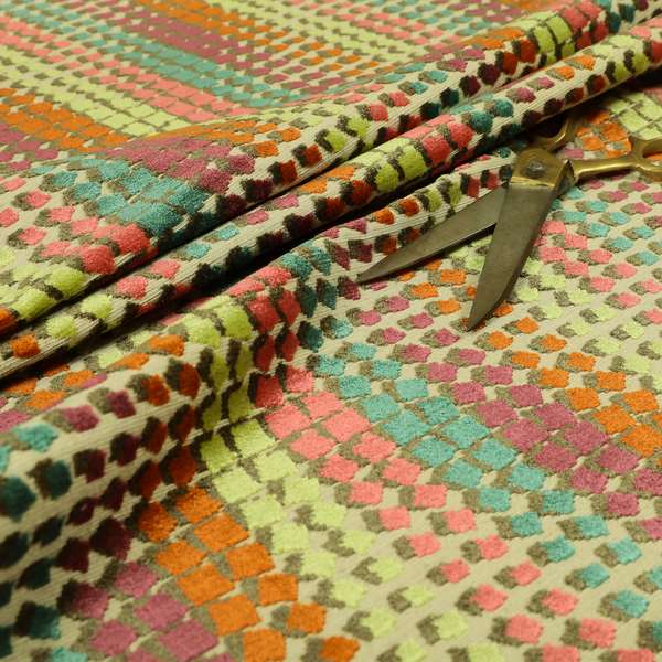 Modern Geometric Cubed Pattern Cut Velvet Multi Colour Upholstery Fabric JO-1239 - Roman Blinds