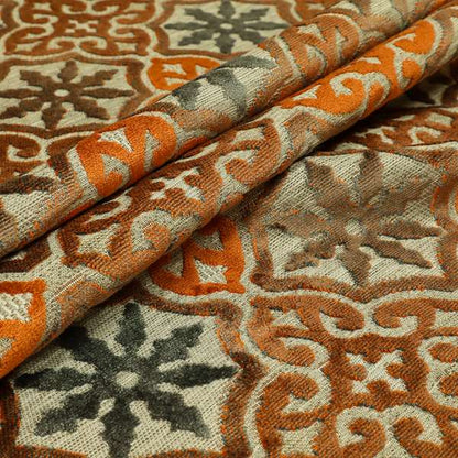 French Rebirth Pattern Cut Velvet Grey Orange Colour Upholstery Fabric JO-1241 - Made To Measure Curtains