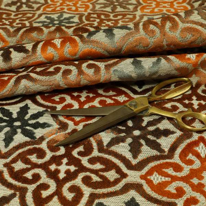 French Rebirth Pattern Cut Velvet Grey Orange Colour Upholstery Fabric JO-1241 - Made To Measure Curtains