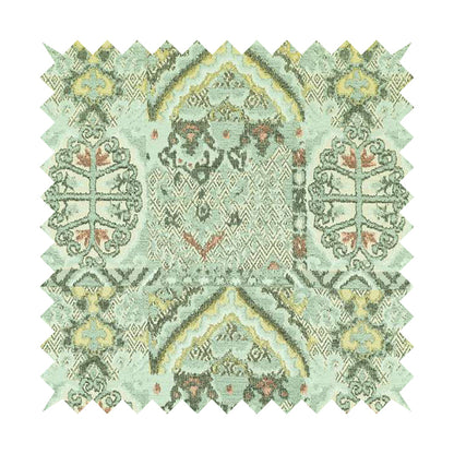 Blue Cream Colour Medallion Patchwork Style Pattern Soft Chenille Upholstery Fabric JO-1246