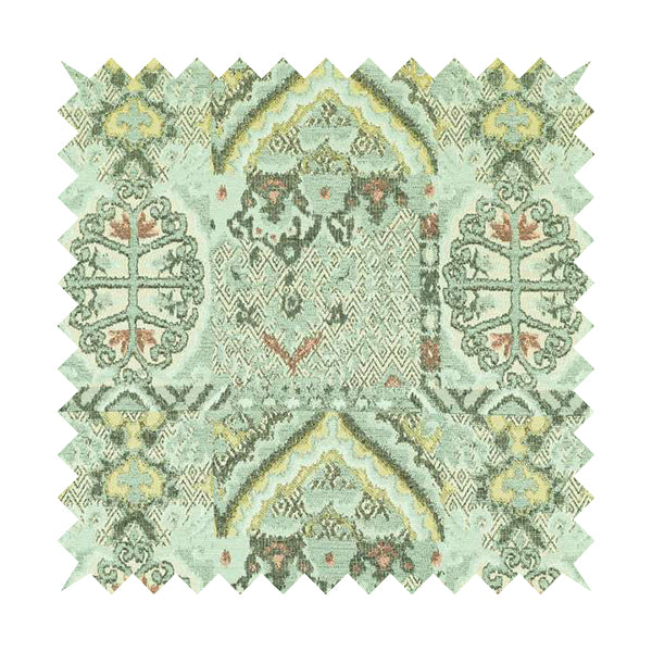 Blue Cream Colour Medallion Patchwork Style Pattern Soft Chenille Upholstery Fabric JO-1246 - Made To Measure Curtains